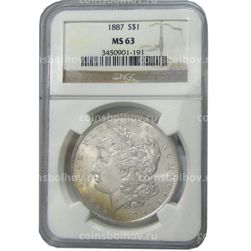 Монета 1 доллар 1887 года США «Доллар Моргана» (в слабе NGC MS 63) (вид 3)