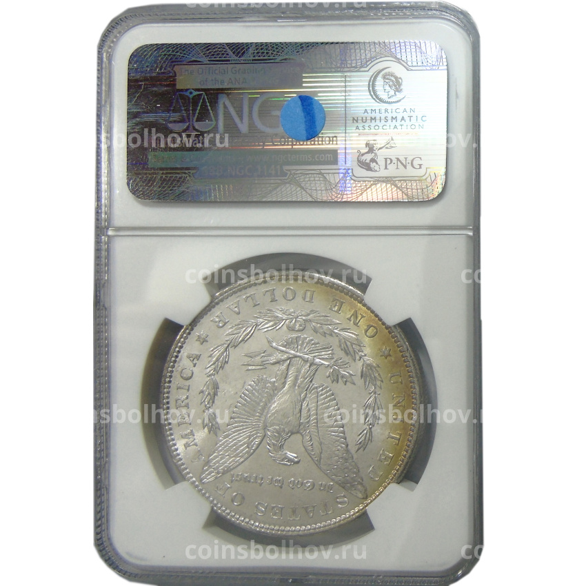 Монета 1 доллар 1887 года США «Доллар Моргана» (в слабе NGC MS 63) (вид 4)