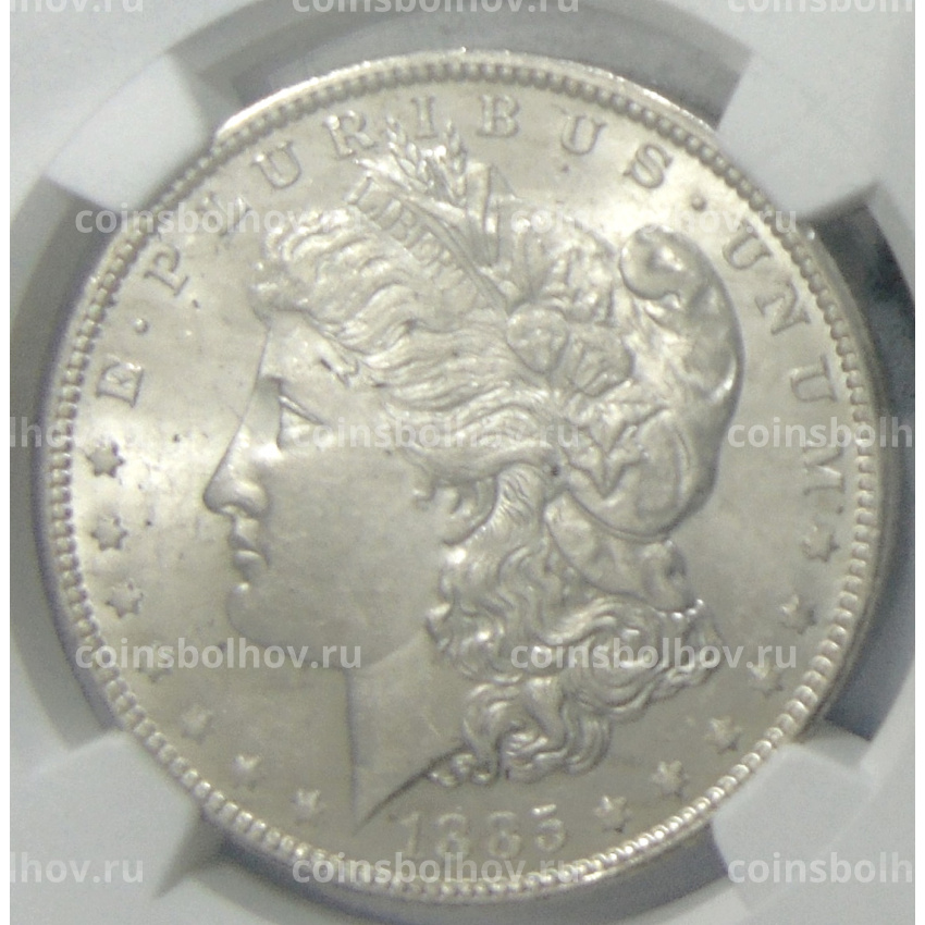 Монета 1 доллар 1885 года О США «Доллар Моргана» (в слабе NGC MS 63)