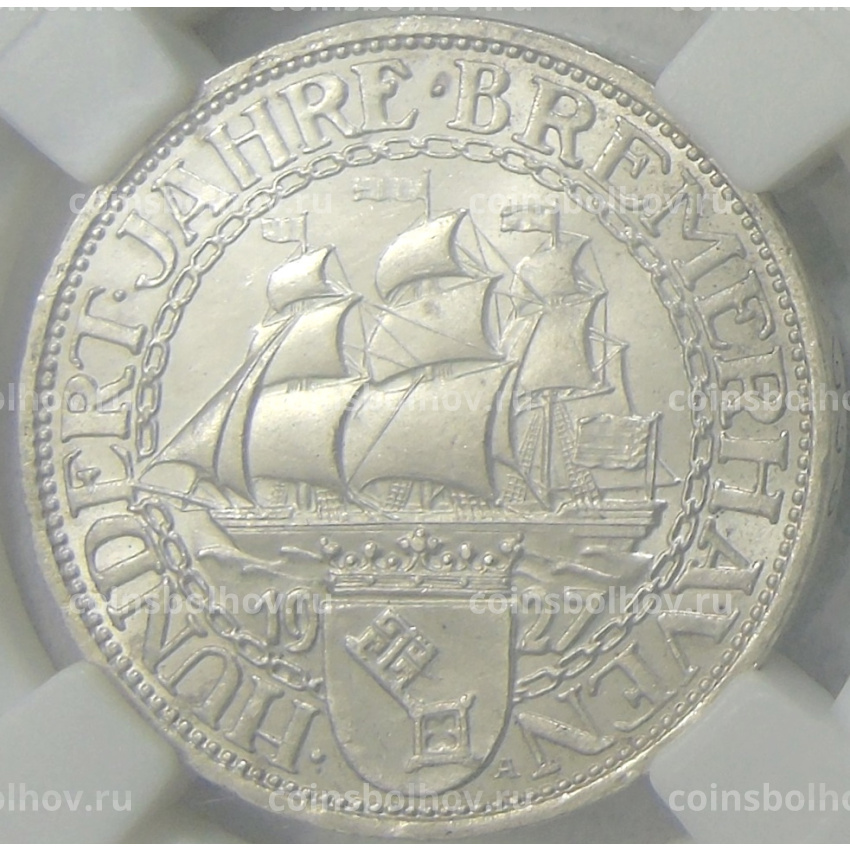 Монета 3 марки 1927 года A Германия «100 лет Бремерхафену» (в слабе ННР MS64)