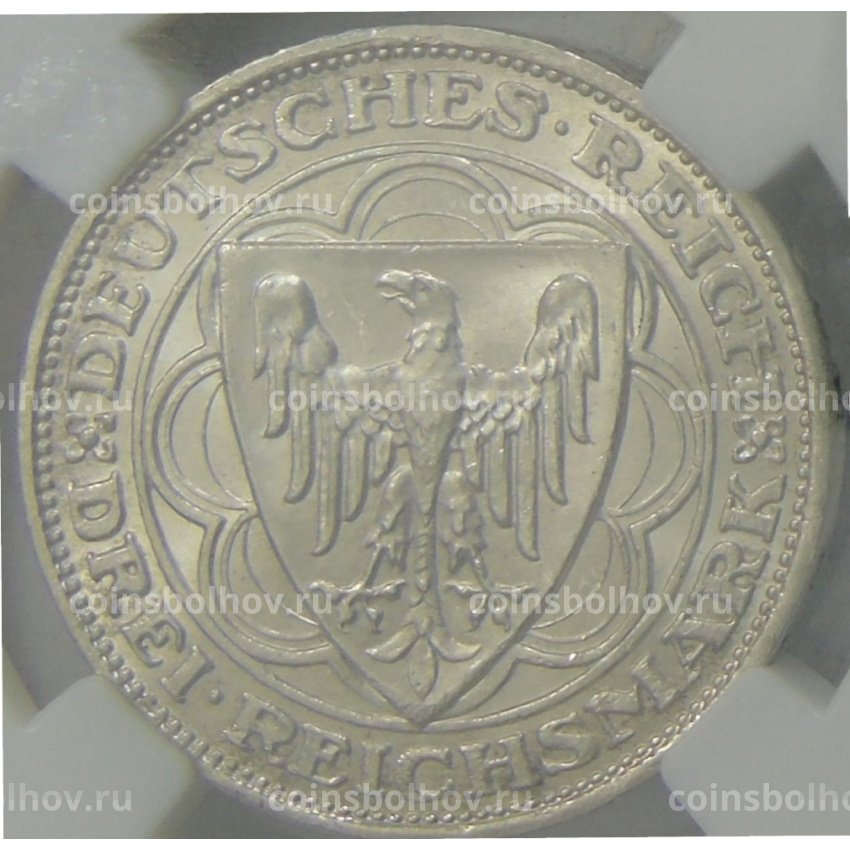 Монета 3 марки 1927 года A Германия «100 лет Бремерхафену» (в слабе ННР MS64) (вид 2)