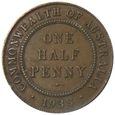 Монета 1/2 пенни 1938 года Австралия (аверс)
