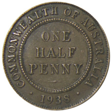 Монета 1/2 пенни 1938 года Австралия (аверс)