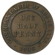 Монета 1/2 пенни 1938 года Австралия (аверс)