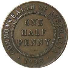 Монета 1/2 пенни 1938 года Австралия (аверс)