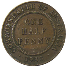 Монета 1/2 пенни 1938 года Австралия (аверс)