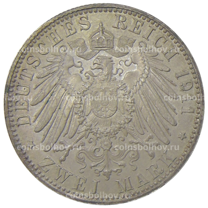 Монета 2 марки 1911 года D Германия (Бавария) «90 лет со дня рождения Луитпольда Баварского» (вид 2)