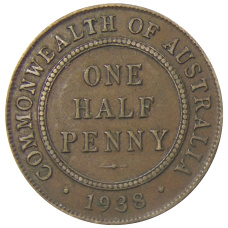 Монета 1/2 пенни 1938 года Австралия (аверс)