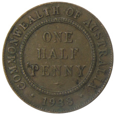 Монета 1/2 пенни 1938 года Австралия (аверс)