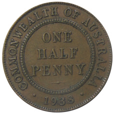 Монета 1/2 пенни 1938 года Австралия (аверс)