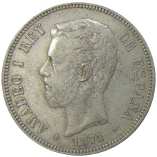 Монета 5 песет 1871 года Испания (аверс)