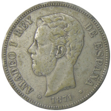 Монета 5 песет 1871 года Испания (аверс)