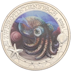 Монета 3 евро 2024 года Австрия «Светящаяся морская жизнь — Кальмар-бобтейл» (аверс)