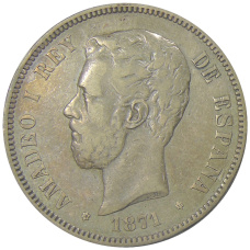 Монета 5 песет 1871 года Испания (аверс)