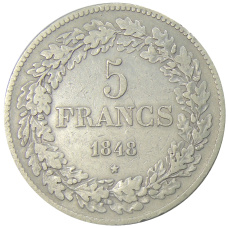 Монета 5 франков 1848 года Бельгия (аверс)