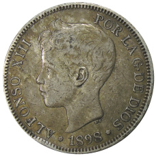 Монета 5 песет 1898 года Испания (аверс)