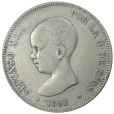 Монета 5 песет 1891 года Испания (аверс)