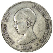Монета 5 песет 1891 года Испания (аверс)