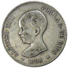 Монета 5 песет 1888 года Испания (аверс)