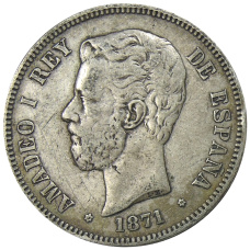 Монета 5 песет 1871(74) года Испания (аверс)