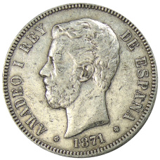 Монета 5 песет 1871 года Испания (аверс)