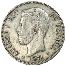 Монета 5 песет 1871 года Испания (аверс)