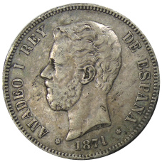 Монета 5 песет 1871 года Испания (аверс)
