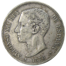 Монета 5 песет 1876 года Испания (аверс)