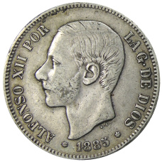 Монета 5 песет 1885(87) года Испания (аверс)