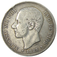 Монета 5 песет 1885 года Испания (аверс)