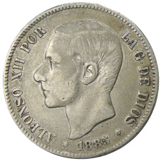 Монета 5 песет 1885 года Испания (аверс)