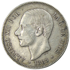 Монета 5 песет 1885 года Испания (аверс)