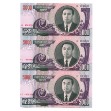 Банкнота 5000 вон 2006 года Северная Корея — Лист из трех банкнот