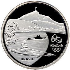 Монета 5 реалов 2014 года Бразилия «XXXI Олимпийские игры 2016 года в Рио- де-Жанейро — Гребной спорт» (в квадрокапсуле) (реверс)