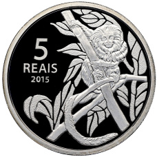 Монета 5 реалов 2015 года Бразилия «XXXI Олимпийские игры 2016 года в Рио- де-Жанейро — Велоспорт и Золотистый львиный тамарин» (в квадрокапсуле) (аверс)