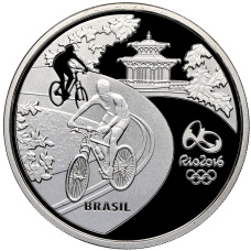 Монета 5 реалов 2015 года Бразилия «XXXI Олимпийские игры 2016 года в Рио- де-Жанейро — Велоспорт и Золотистый львиный тамарин» (в квадрокапсуле) (реверс)