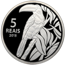 Монета 5 реалов 2015 года Бразилия «XXXI Олимпийские игры 2016 года в Рио- де-Жанейро — Велоспорт и Тукан» (в квадрокапсуле) (аверс)