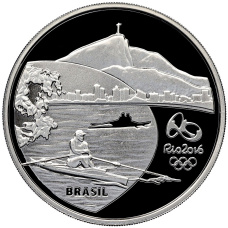 Монета 5 реалов 2015 года Бразилия «XXXI Олимпийские игры 2016 года в Рио- де-Жанейро — Гребной спорт и Геликония» (в квадрокапсуле) (реверс)