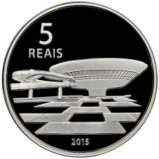 Монета 5 реалов 2015 года Бразилия «XXXI Олимпийские игры 2016 года в Рио- де-Жанейро — Бег и Музей современного искусства» (в квадрокапсуле) (аверс)