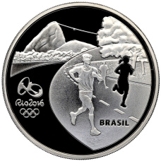 Монета 5 реалов 2015 года Бразилия «XXXI Олимпийские игры 2016 года в Рио- де-Жанейро — Бег и Музей современного искусства» (в квадрокапсуле) (реверс)