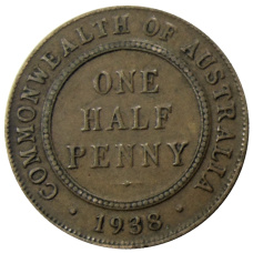 Монета 1/2 пенни 1938 года Австралия (аверс)