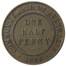 Монета 1/2 пенни 1938 года Австралия (аверс)