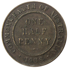 Монета 1/2 пенни 1938 года Австралия (аверс)