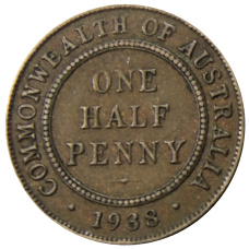 Монета 1/2 пенни 1938 года Австралия (аверс)