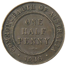 Монета 1/2 пенни 1938 года Австралия (аверс)