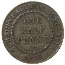 Монета 1/2 пенни 1938 года Австралия (аверс)