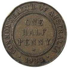 Монета 1/2 пенни 1938 года Австралия (аверс)