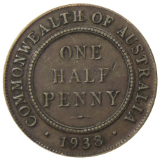 Монета 1/2 пенни 1938 года Австралия (аверс)