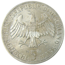 Монета 5 марок 1967 года F Германия «200 лет со дня рождения Вильгельма и Александра фон Гумбольдтов» (реверс)