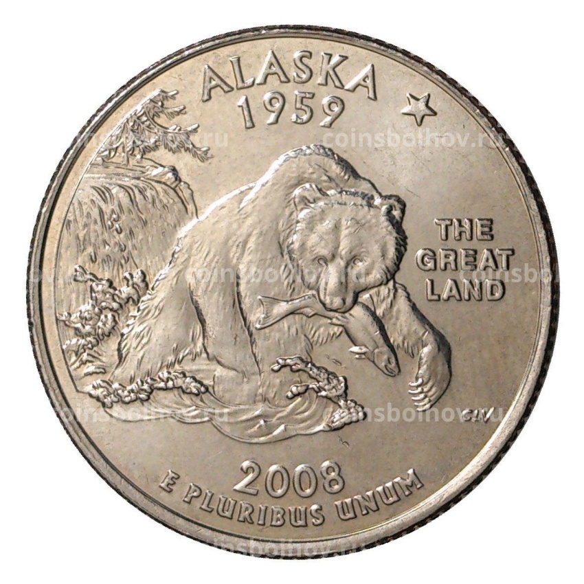 Монета 25 центов (1/4 доллара) 2008 года Р США Штаты и территории — Аляска